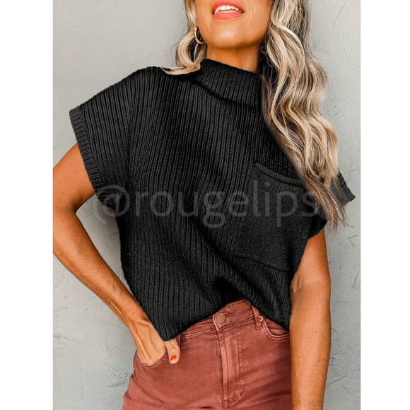 Knit Black Spring/Fall Short Sleeve Pullover Sweater Top Front Pocket - Picture 6 of 8